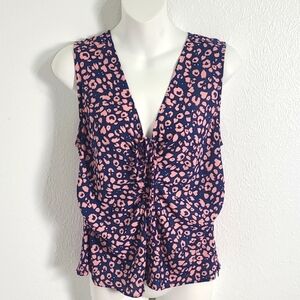 Aqua Sleeveless Top Navy with Pink Spots Ruching Down the Front w/Tie, Sz Small